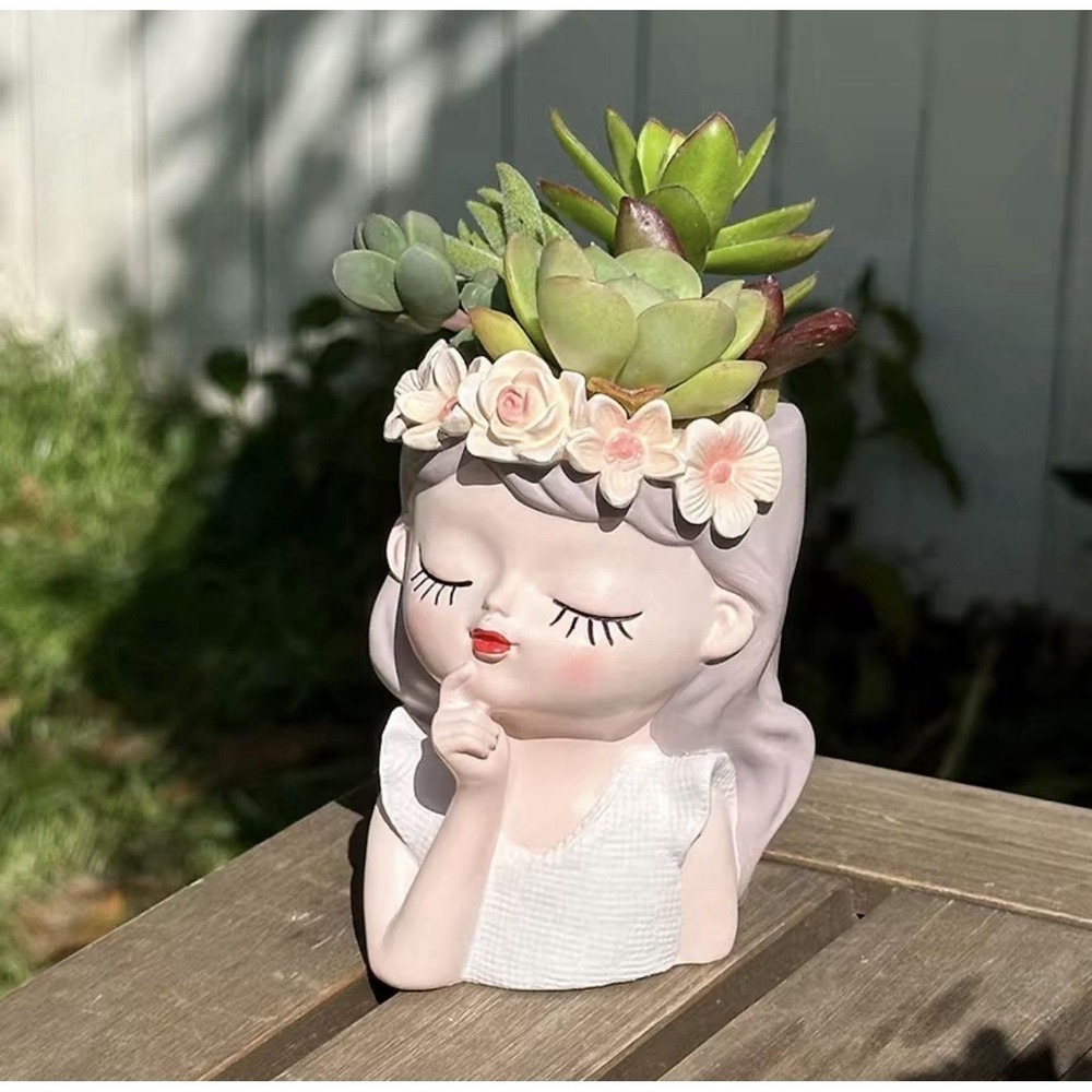 Head Vase Succulent Planter Small CutGirl Secret Whisper Resin Statue Sculpture - Picture 3 of 3